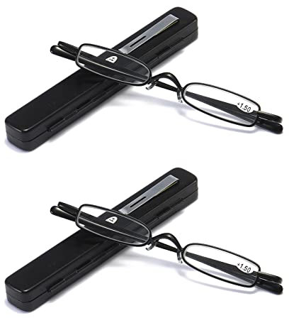 MMOWW 2er Pack Mini Metall Lesebrillen Damen Herren Federscharnier Klassische Klein Schmal Leicht Lesehilfe Sehhilfe Brillen mit Etui (Schwarz,+2,0)