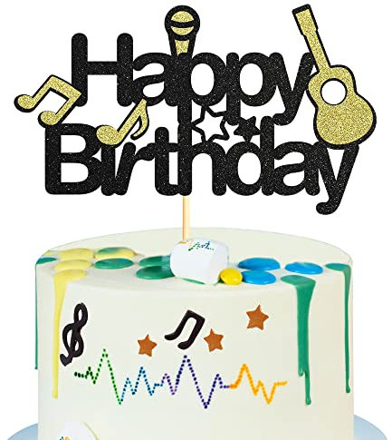 Sumerk Music Cake Toppers Glitter Rock Musik Thema alles Gute zum Geburtstag Tortendekorationen Gitarre Musik Noten Party Supplies - Packung mit 1