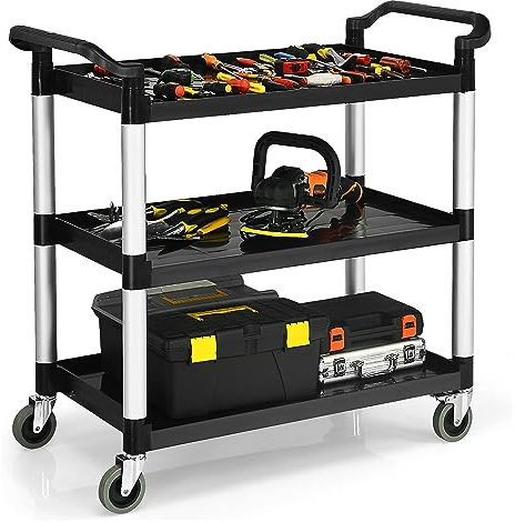 TANGZON 3 Tier Service Cart, Rolling Tool Trolley with Locking Wheels & 2 Handles, Utility Trolley Cart for Workshop Garage, 150KG Load Capacity (103 x 49 x 98cm, Aluminum+PP, Black+Silver)