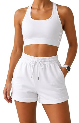 Smith & Solo Short Sport Femme en Coton, Pantalon Court pour Femme, Short Femme ete, Taille Haute, avec Poches, pour Le Jogging, Le Yoga et Le Fitness (Blanc, XL)