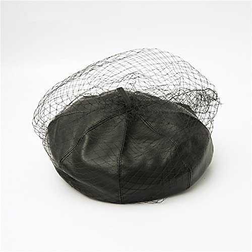tcax Beret Femme Béret en Cuir De Chapeau De Peintre De Printemps D'Été avec La Maille De Voile Montrent La Casquette De Bonnets De Béret De Femmes De Double Couche, Noir, Taille Unique