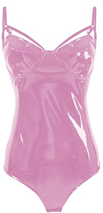 TZMAPU Women's Piece Halter Jumpsuit Faux patent Leather Leotard Bodysuit (Pink, Medium)