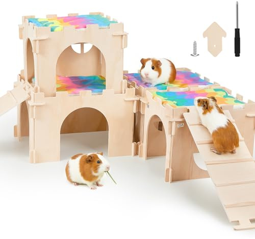 Guinea Pig Hideout, Guinea Pigs House with Stairs and Mats Extra Large Guinea Piggy Castle Detachable Hideouts for Small Animals Wooden Guinea Pig Habitats with Multiple Doors and Windows