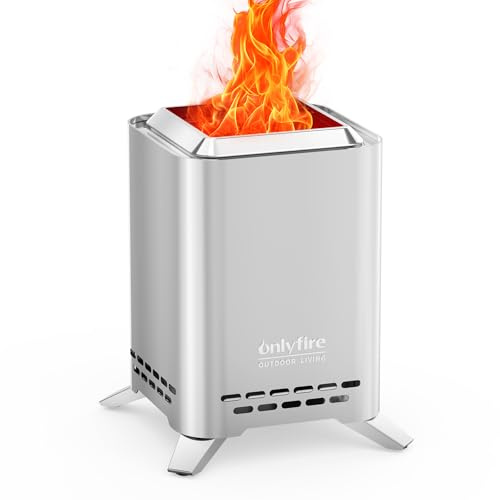 Onlyfire 20 cm Quadrato Braciere Senza Fumo da Tavolo, Focolare Portatile con Staffa per Vaso e Borsa da Trasporto, Bruciatura a Legna e a Pellet, per Campeggio all'aperto Patio, Acciaio Inox