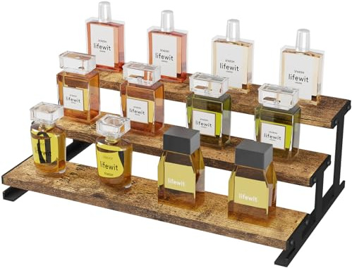 Lifewit Porta Profumi in Legno, Espositore Profumi con Supporto in Metallo, Espositori a Scaletta per Bagno, Camera, Salotto, Marrone Rustico, 3 Livelli, 1 Confezione, 35 cm