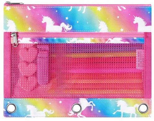 WAWSAM Binder-Bleistifttaschen für Kinder – 3 Ringbuchtaschen mit Reißverschlusstasche, Einhorn G, Packtasche