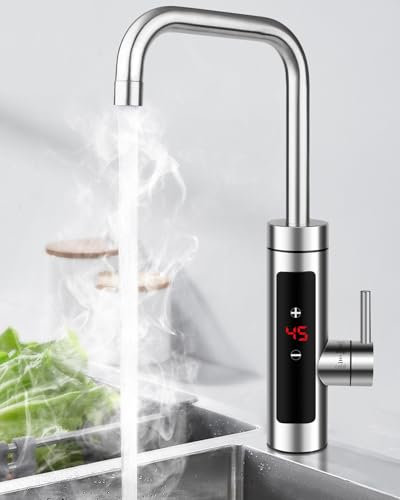 Instant Hot Water Tap, 360° Rotatable Instant Water Heater Tap with Digital Display, 220V 3000W Stainless Steel Electric Water Heater Faucet for Kitchen Washroom Bathroom (Silber)