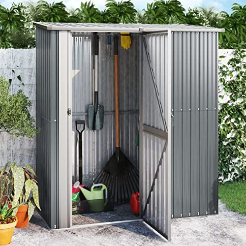 Cobertizo de jardín al aire libre para bicicletas, color gris, 180,5 x 97 x 209,5 cm, acero galvanizado, montaje en pared, almacenamiento de herramientas de jardín, almacenamiento duradero para