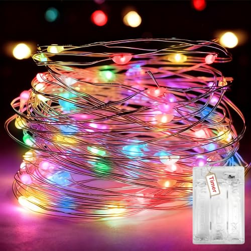 Peaser Christmas Decoration Lights with Timer, Muticolor Battery Fairy Lights with 2 Modes, 3m/30 LED Xmas String Lights, Micro Silver Wire Christmas Lighting for Bedroom Wedding Party