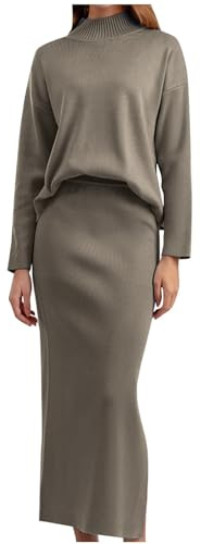 AMhomely 2 Piece Sweater Skirt Sets for Women Long Sleeve Round Neck Ribbed Vest Tops Knits Casual Midi Dresses Autumn Outfit,T75- Beige,One Size