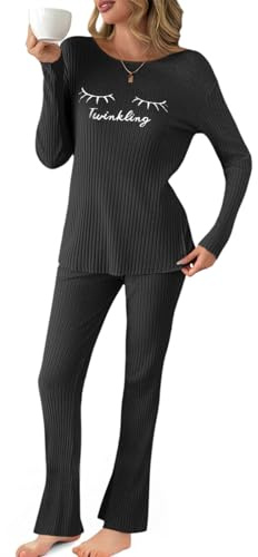 Fisoew Pijama largo para mujer, conjunto de pijama acanalado, estampado de pestañas, parte superior, pantalones de dos piezas, ropa de dormir de invierno, Negro , L