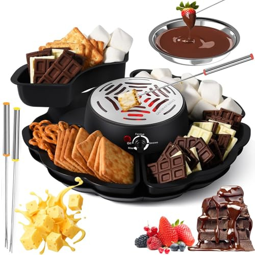 Service à rôtir 2 en 1 pour marimauve et fondue au chocolat – 5 accessoires (brochettes, fourchettes), mini bol de 340 ml, température réglable et protection contre la surchauffe, facile à nettoyer