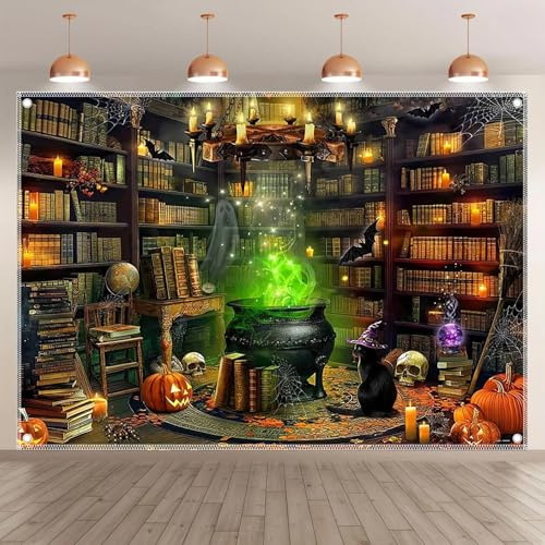 Halloween magisk häxa och skräckrum bakgrund tyg-pumpa lykta skalle svart katt design med bokhylla
