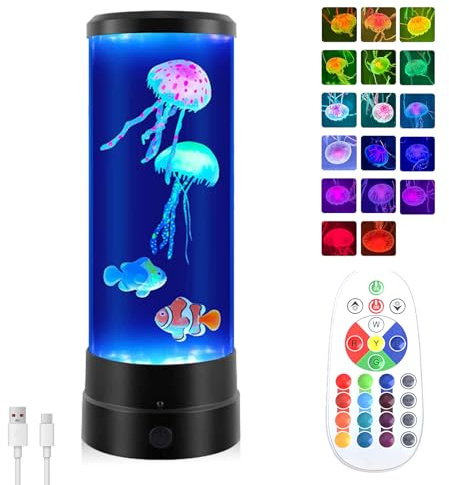 JIMACRO 12 Pollice Lampada Meduse Acquario, 17 Colori Lampada da Medusa per Acquario, 4 Modalità Lampe da Medusa Lava Fluttuante, USB Rotonda Jellyfish Lampe con Telecomando
