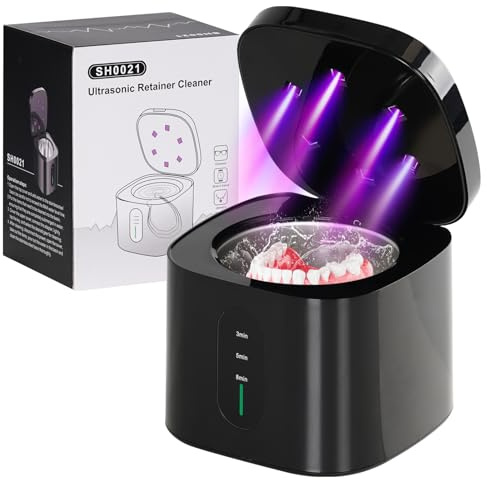 Pulitore ultrasuoni per protesi, 50 kHz, pulitore ad ultrasuoni, 3 modalità dentale Pod per retainer, allineatore, binario dentale e gioielli, 150 ml, 21 W (nero)
