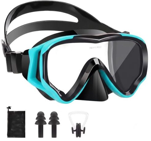 HIKOTEY Diving Goggles Children 4-16 Years, Swimming Goggles with Nose Cover, Snorkel Mask for 180° Panorama HD Silicone Strap, Anti-Fog Anti-Leak Snorkel Set for Girls Boys (Bluish-Black)
