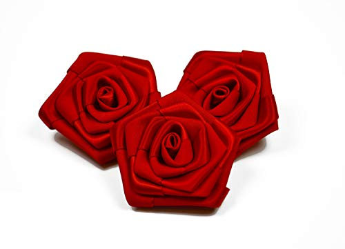 Roselline in raso, 3 pezzi,rose: 5 cm, diametro: 6 cm, colore: rosso, corolle di rosa per decorazioni fai da te, si possono spargere sulla tavola in occasione di matrimoni, Battesimi, Comunioni ma utilizzare anche come applicazioni floreali.