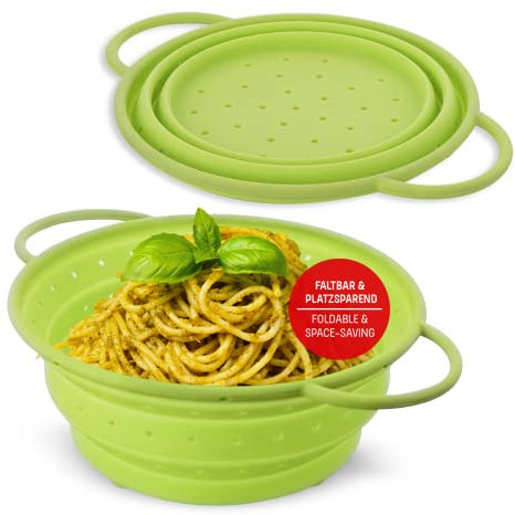 Coolinato – Sieb aus Silikon faltbar 24 cm Grün – Nudelsieb für Pasta, Gemüse & Obst - Küchensieb spülmaschinenfest, BPA-frei, & hitzebeständig bis 230°C - Platzsparendes Abtropfsieb zusammenklappbar