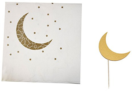 Zaffron Ramadan and Eid Gold Crescent Moon Party Packs (Napkins and Food Picks/Cupcake Toppers)