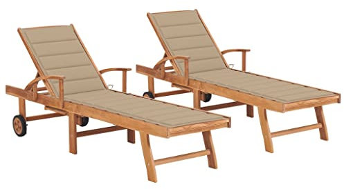 vidaXL Lot de 2 Chaises Longues avec Coussin, Bain de Soleil, Transat de Terrasse, Siège de Jardin Patio Extérieur, Beige Bois de Teck Solide