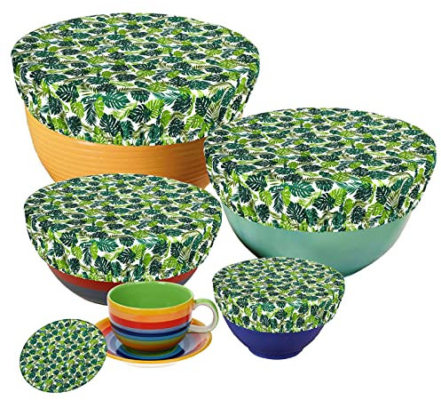 PHOGARY Lot de 5 housses de protection alimentaires réutilisables en tissu avec élastique - Couvercles extensibles - Tissu imperméable - Pour bols en verre - Pot -feuilles d'été