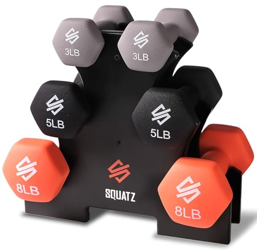 SQUATZ Dumbbell Weights Set with Stand, 32lbs Neoprene Coated Weights in Color Gray, Black, and Orange, Hex Shape Anti Slip and Roll Dumbbells for Exercise, Training, Fitness, Yoga