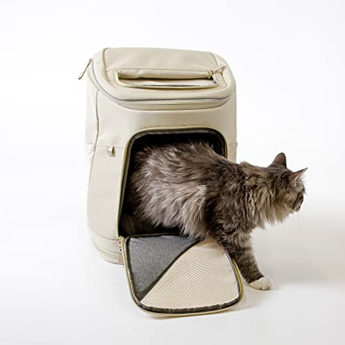 LucyBalu® HOP-ON Premium Katzenrucksack mit Fenster | Katzentransporttasche | Katzenbox | Katzen Transport Rucksack aus recycelten Materialien | Rucksack für Katzen zum Transport | Sand