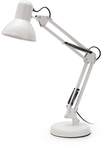 VELAMP - Lampada da Tavolo con Braccio Regolabile Charleston XL, Lampada da Scrivania Design Moderno, Abat Jour da Comodino per Lettura con Pinza da Tavolo - Attacco Lampadina E27, Cavo 150cm - Bianca