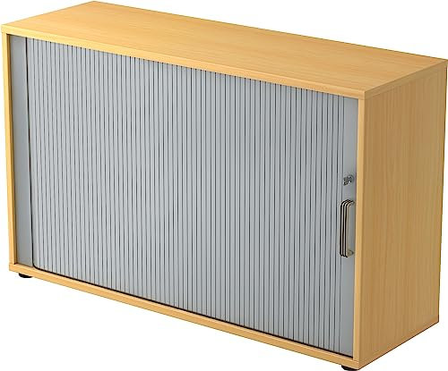 bümö Aktenschrank abschließbar mit Rollladen, Rollladenschrank für Ordner & Co. - Büroschrank mit Rollo, abschließbarer Ordnerschrank aus Holz in Buche/Silber mit Streifengriff