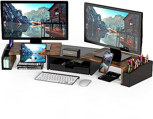 Simple Houseware Desk Dual Monitor Stand Riser with Drawer, Rustic Brown