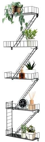 Zonon Fire Escape Wall Shelf Hanging Metal Ladder Shelves Wall Decor Cool Bookshelf Organizer Floating Shelves Action Figure Shelf for Home Bedroom Storage Display(Black,5 Tier)