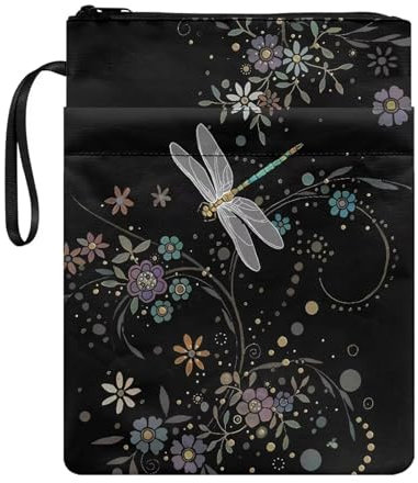 Poceacles Libelle Floral Book Sleeve Book Protector for Students Polyester Durable Book Covers for Paperback Washable Book Sleeves with Zipper, Black