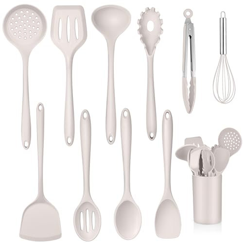 TEAMFAR Silikon Küchenhelfer Set, 11-TLG Antihaft Küchenset Küchenutensilien Set mit Utensilienhalter, Hitzebeständiger Kochbesteck Kochutensilien Set für Kochen, Gesund & Leicht zu Reinigen, Khaki