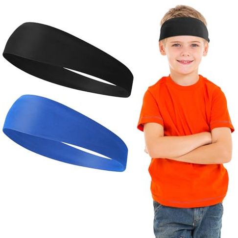 WLLHYF 2 Stück Sport-Stirnbänder für Kinder, weiche sportliche Schweißbänder, Stirnband für Mädchen und Jungen, feuchtigkeitsableitendes, elastisches Haarband für Kinder und Jugendliche (Schwarz+blau)