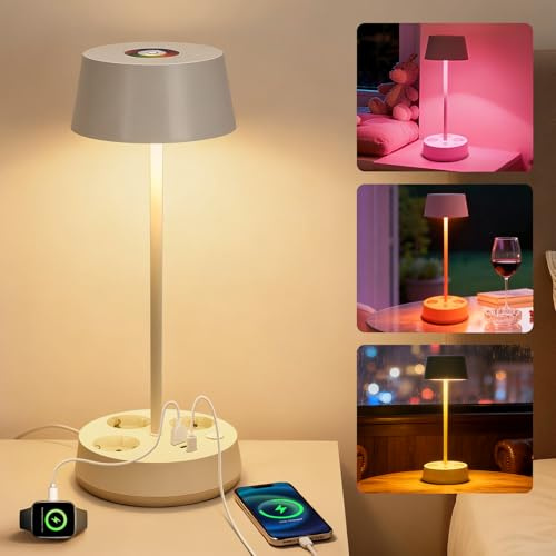 Aigostar Lámpara de Escritorio con Enchufe y Tomas de Corriente, Salida USB y Tipo C, Lámpara de Mesa Táctil, 3 Temperaturas de Color+RGB, Brillo Ajustable (Blanca)