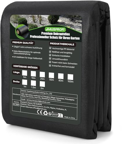 HAUSPROFI Premium Unkrautvlies 100g/m² - Hochdichte Unkrautfolie Wasserdurchlässig & Reißfest - UV-Stabil Gartenvlies aus Recycelbar PP - Umweltfreundlich & Knitterfrei, 10m x 2m