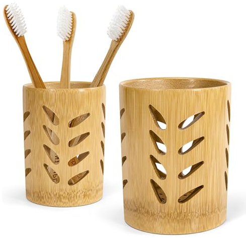 Porta Spazzolini in Bambù, Porta Dentifricio da con Drenaggio, 2 Pezzi Organizer Portaspazzolino Elettrico da Bagno Multifunzionale per Letto Ufficio Dormitorio Cucina