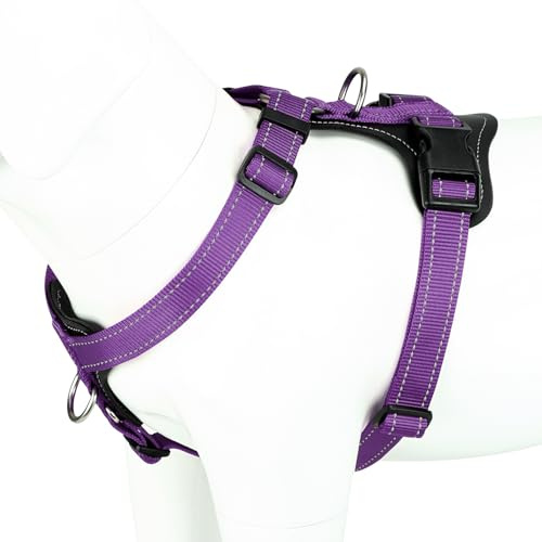 Plutus Pet Adjustable No Pull Dog Harness with Leather Accents, Heavy Duty Reflective Nylon Vest for Training, Hiking, Easy Walk Harness for Small, Medium, Large Dogs (Purple, S)