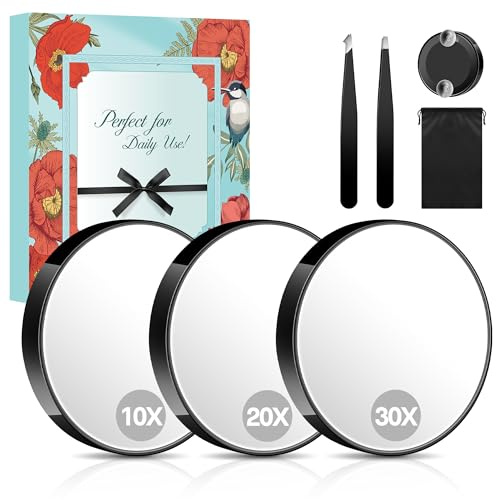 MIYADIVA Magnifying Mirror Set, 10x&20x&30x Suction Cup Makeup Mirror, 2 Tweezers & Storage Bag. 3.5 Inch Compact Mirror for Travel, Bathroom, Home, Gifts for Women