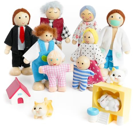 DUOCIYUAN Casa delle bambole, 13 personaggi della casa delle bambole con gatto e cane, set di bambole in legno, giocattolo per bambini, famiglia di bambole, bambole pieghevoli per la casa delle