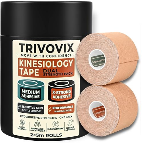 TRIVOVIX (Extra Strong + Medium) Kinesiology Tape, Beige, 2X 5m Rolls
