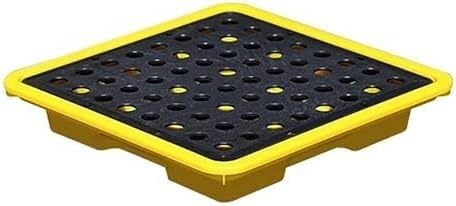 Robust, modulär uppsamlingsbricka med dräneringsbehållare – 33 x 33 x 5,8 cm, gul-svart randig, industriell lösning för att kontrollera spill för en säker arbetsmiljö.