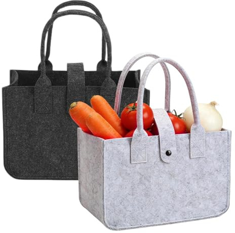 Touosy 2 Pezzi Borsa Feltro Shopping Bag Cesta Spesa Pieghevole, Feltro Borsa Shopper 30x20x18cm, Multifunzionale Tote Bag per Picnic Giocattoli Deposito (Nero/Grigio)