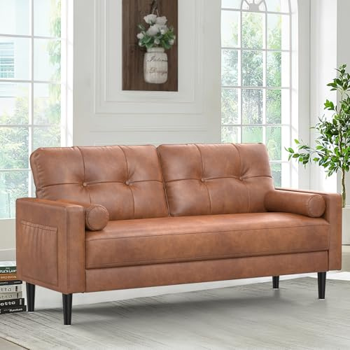 Aotumm Ciort 2 Seater Sofa, Thick Cushions, 2 Pillows & Pockets(PU-Brown)