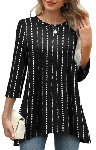 OFEEFAN 3/4 Length Sleeve Womens Tops Lightweight Ladies Longline Tunic | Curved Hem Soft Crewneck Casual Summer Blouses Loose Fit Shirts for Leggings
