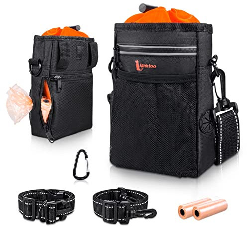 lanktoo Dog Treat Pouch Bag with Poop Bag Holder, Waterproof Puppy Training Walking Bag W/Shoulder Strap, Waist Belt and Clip, Easily Carrying Dog Toys, Food (Black+Orange)