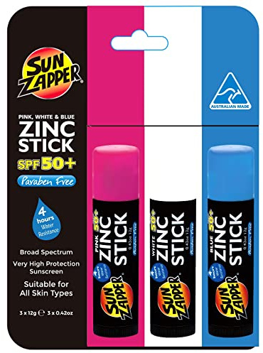 Sun Zapper Zinc Stick Zinkstäbchen Sonnencreme - Rot + Weiß + Blaue - SPF50 + - Sehr hoher Sonnenschutz. Schützt vor UVA und UVB.