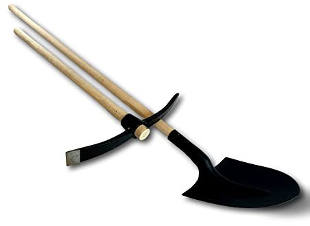 Ensemble pioche terrassier manche 90 cm + pelle ronde de maçon manche 130 cm | Tête acier | Sable graviers terre | Creuser ou épierrer | Jardinage et terrassement | Kibros PLRPIOCKIT