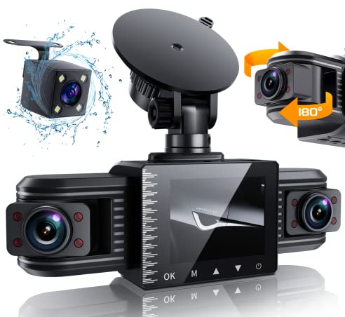 iiwey T1-pro Dash Cam Front and Rear Inside 3 Channel 1080P, Adjustable Lens Dash Camera for Cars with 8 IR Lamps Night Vision, Three Ways Triple Car Camera, Loop Recording, G-sensor, Parking Monitor