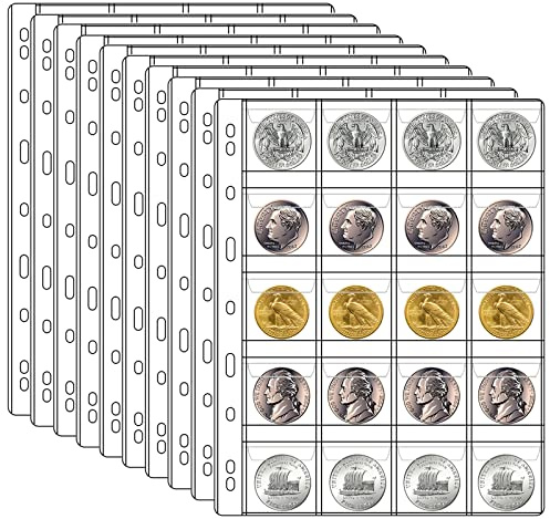 20 Pocket Coin Pages for Collectors, 10 Sheets Coins Sleeves Coin Holders Stamp Collector Supplies with Standard 9 Hole for Coin Binder, Coin Collection Supplies Pages for Pennies Quarters Stamps